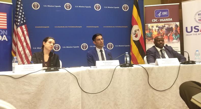 L-R: Coordinator PEPFAR Mary Borgman, Emilio Dirlikov Centre for Disease Control health services chief and Ministry of Health spokesperson Emmanuel Ainebyoona