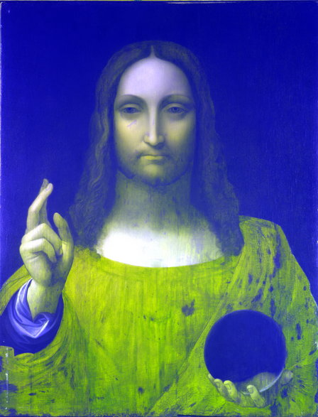 Salvator Mundi, wizerunek uzyskany po przetworzeniu obrazów zarejestrowanych w wąskich kanałach spektralnych w zakresie UV-VIS-NIR (tzw. obrazowanie multispektralne).