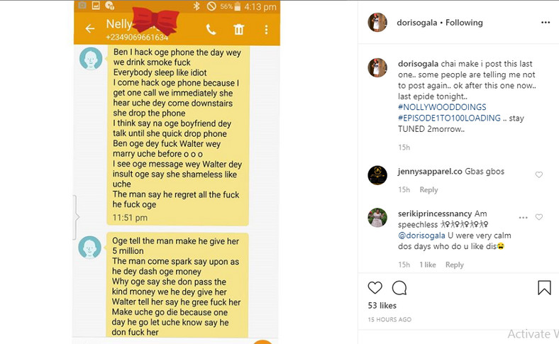 The actress took to her Instagram page where she shared screenshots of chat conversations revealing that Oge Okoye has allegedly been sleeping with Prince Walter Ogochukwu Igweanyiba, Uche Elendu's ex-husband. [LindaIkeji]