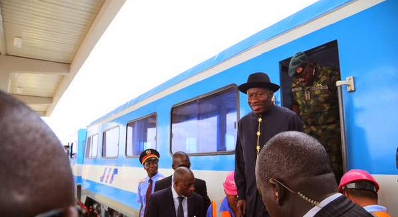 President Jonathan inspects the Abuja rail project on Thursday, May 7.