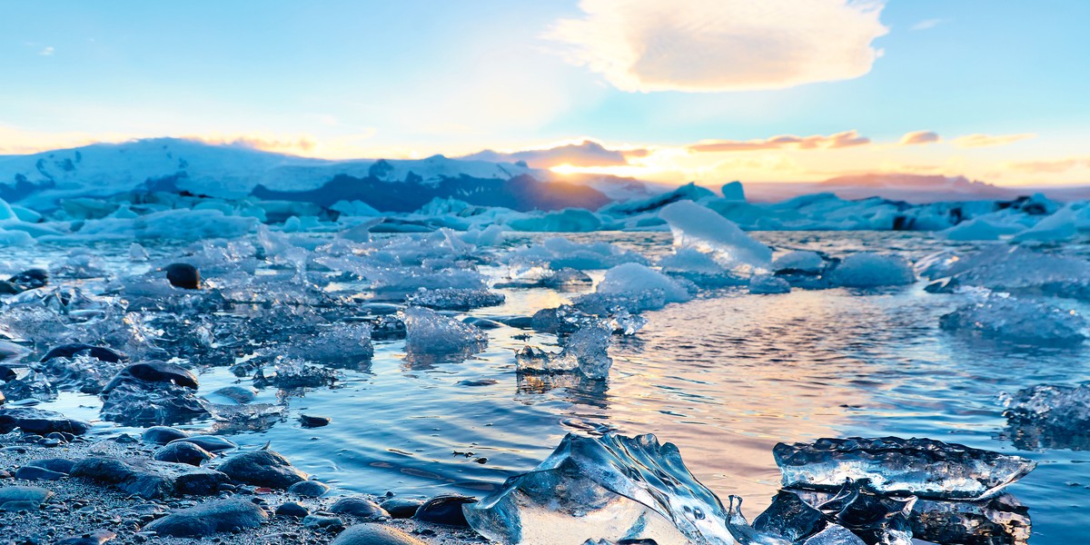 Crystalline chunks of ice break off the Vatnajökull Glacier and wash up on the beach at Jökulsárlón Lagoon.