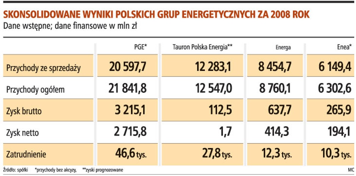 Skonsolidowane wyniki polskich grup energetycznych za 2008 rok