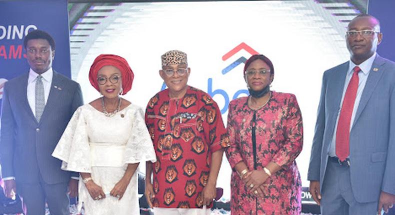 L-R Nonso Okpala, GMD VFD Group Plc; Mrs. Rose Okwechime, Founder Abbey Mortgage Bank; Mazi Ivi Kanu, Chairman Abbey Mortgage Bank; Engr. Aramide Adeyoye, SA for Works & Infrastructure, Lagos State; Madu Hamman, MD/CEO Abbey Mortgage Bank.