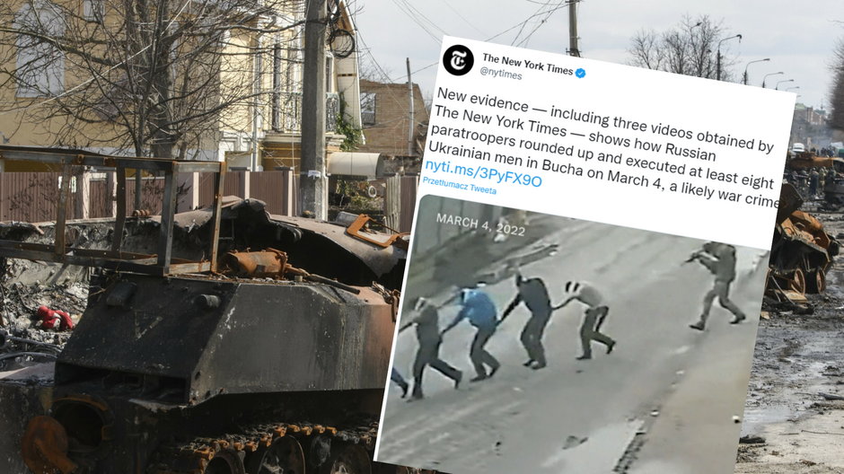 Zapis kamer przemysłowych z Buczy pokazuje rosyjskie zbrodnie na Ukraińcach. (Zdjęcie ilustracyjne, twitter.com/nytimes)