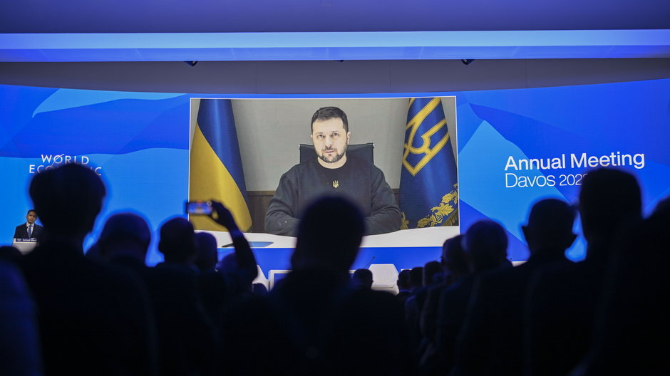 Prezydent Ukrainy Wołodymyr Zełenski podczas przemówienia online na Światowym Forum Ekonomicznym w szwajcarskim Davos