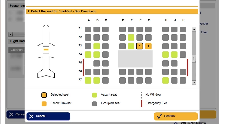 System wyboru miejsc w liniach Lufthansa. Podobnie będzie to wyglądać w aplikacji PKP