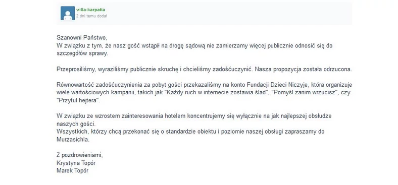 Oświadczenie zamieszczone na stronie Wykop.pl