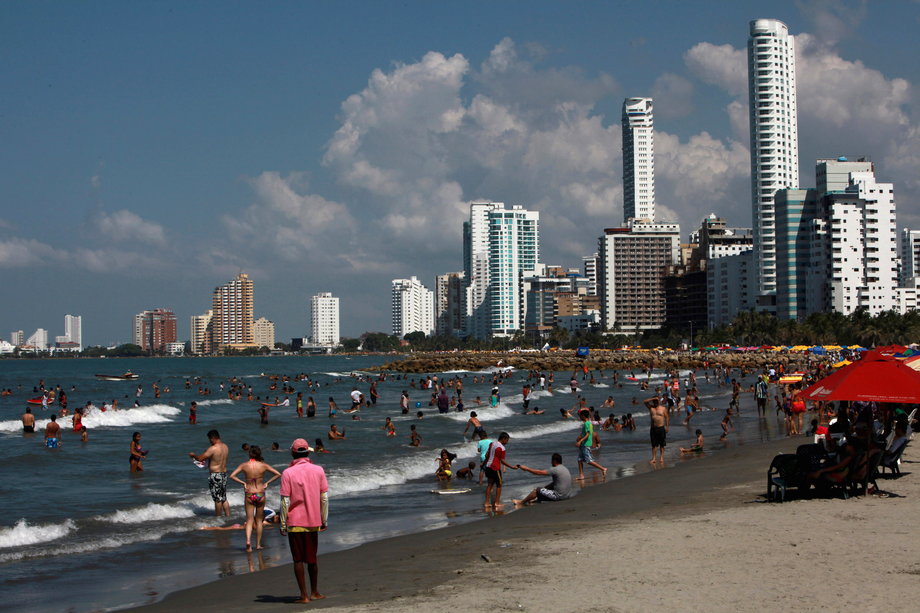 Tourist relax at Bocagrande beach in Cartagena, Colombia.