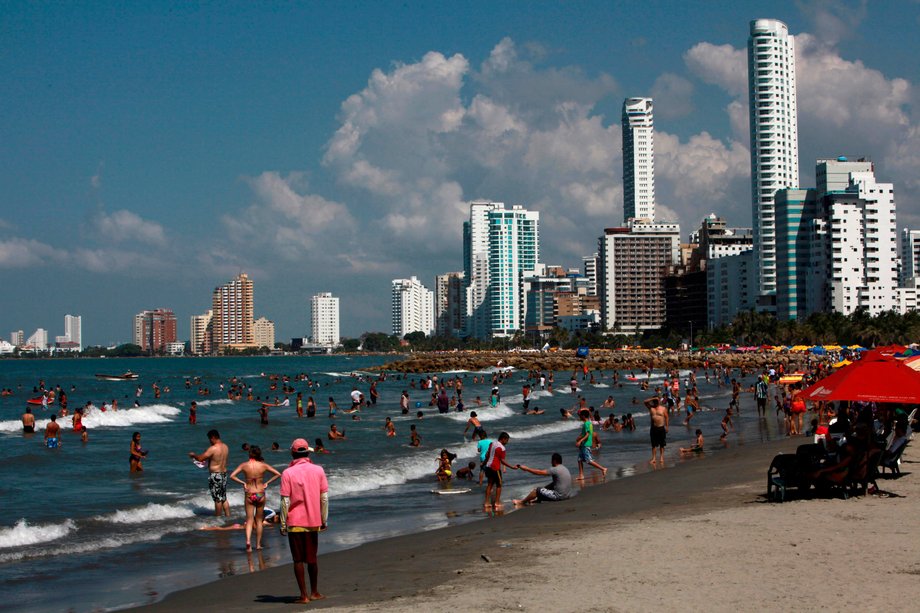 Tourist relax at Bocagrande beach in Cartagena, Colombia.