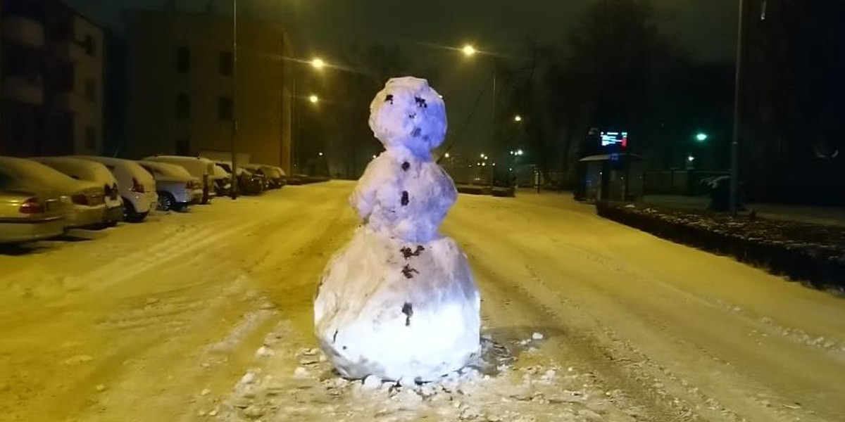 Olbrzymi bałwan stanął na środku ulicy w Lesznie.