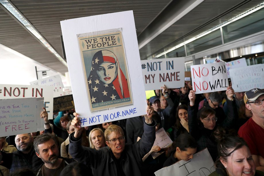 Protests erupted at airports across the country, like this one in San Francisco, after the first ban was issued on January 28, 2017.