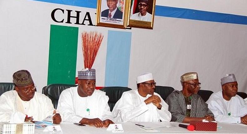 R-L: Bukola Saraki, John Oyegun, Buhari, Dogara and Segun Oni