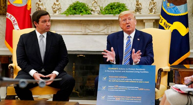 Then-President Donald Trump speaks during a meeting with Florida Gov. Ron DeSantis at the White House on April 28, 2020.
