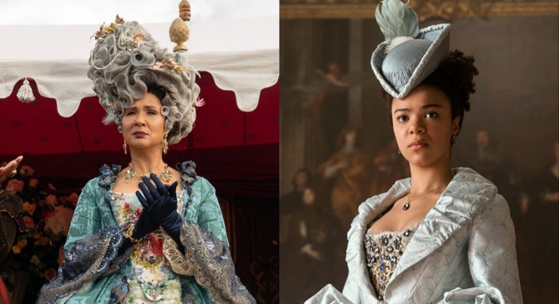 Queen Charlotte (Golda Rosheuvel) in Bridgerton season three and young Queen Charlotte (India Amarteifio) in Queen Charlotte: A Bridgerton Story.Liam Daniel / Netflix