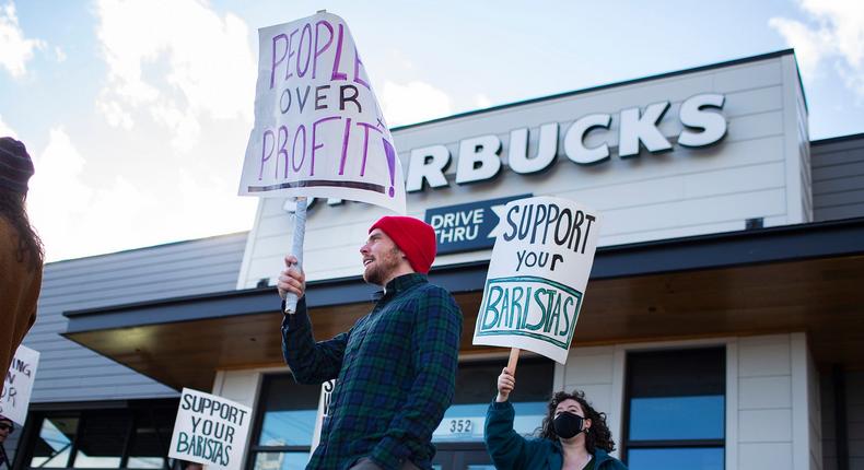 Starbucks workers participate in November's Red Cup Rebellion, a nationwide strike demanding the company bargain in good faith.Derek Davis/Portland Press Herald via Getty Images