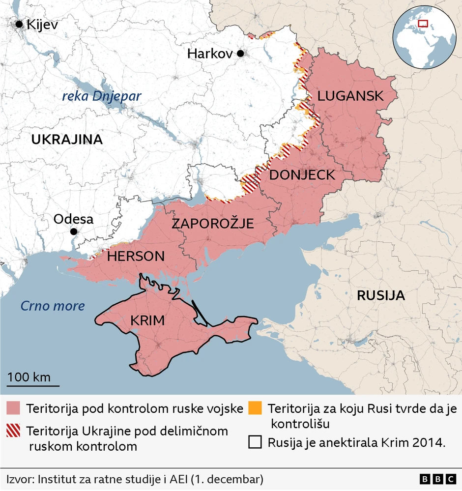 Mapa ukrajinskih teritorija pod kontrolom ruske vojske (mapa je od decembra 2025.) | Foto: BBC
