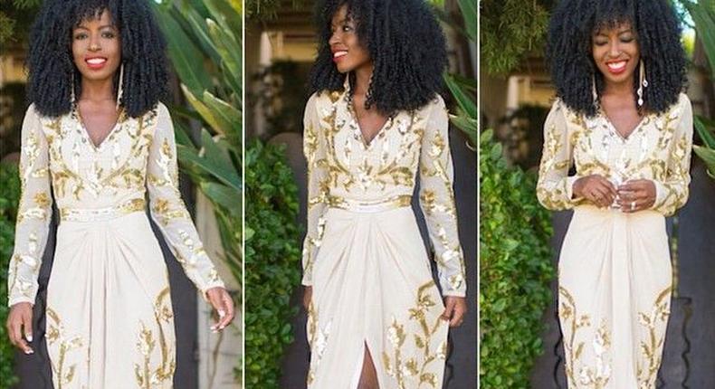 Folake Huntoon's cream and gold sequined thigh slit dress looks just perfect on her