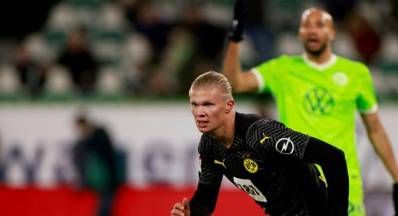 Erling Braut Haaland celebrates his goal against Wolfsburg after missing Dortmund last seven games with injury Creator: Odd ANDERSEN