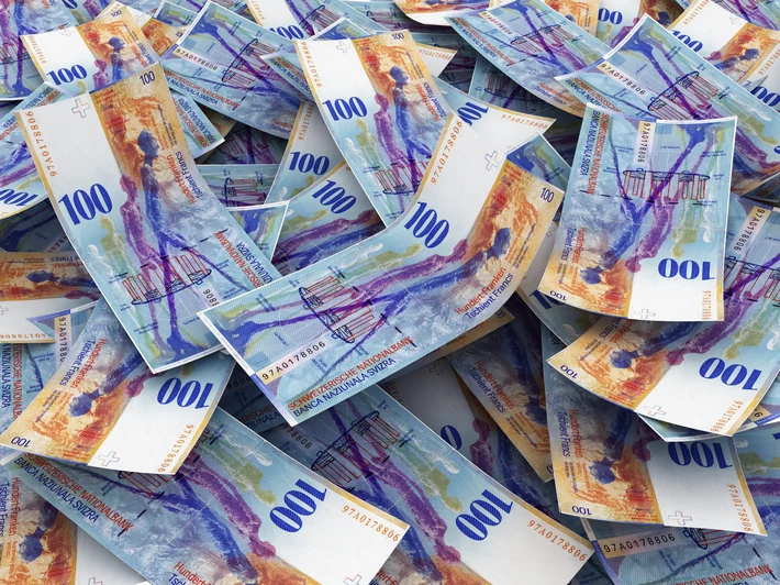 Swiss Currency Bank Notes (Swiss Francs). Pile of 100 