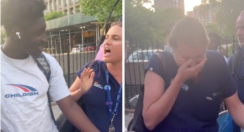 The unnamed woman argues with a young Black man over a rental bike before seeming to start crying when a bystander approaches.Twitter/@Imposter_Edits