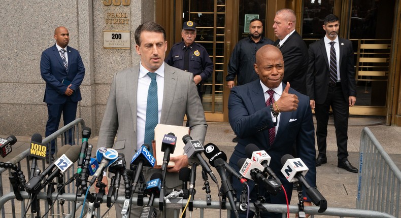 Mayor Eric Adams leaves Manhattan Federal Court with his lawyer Alex Spiro after pleading not guilty on multiple corruption charges.Barry Williams for New York Daily News via Getty Images