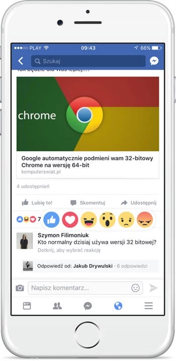 Reakcje na komentarze w aplikacji Facebook na iOS