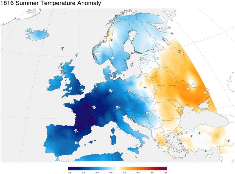 Anomalie temperatury w lecie 1816 roku w Europie. Źródło: NOAA