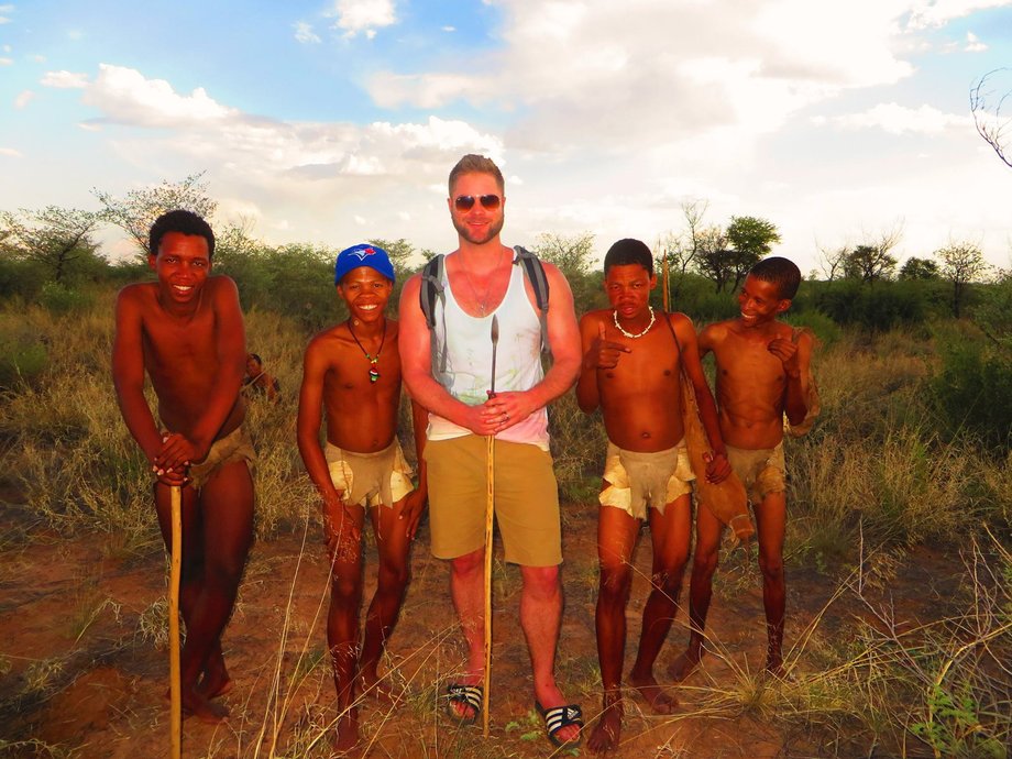 Travelers can also organize walks with the Bushmen to learn some of their traditions. While on the walk, the Bushmen explained how they start fires and hunt for food to Justin and Anna though a translator. As a token of appreciation, Justin gave one of the Bushmen his Toronto Blue Jays hat.