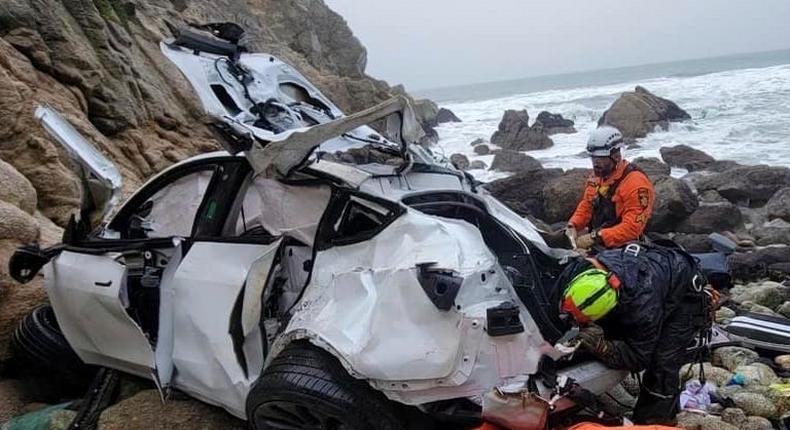 Emergency personnel at the site of the Tesla crash in Northern California near Devil's Slide.Sgt. Brian Moore/San Mateo County Sheriff's Office/Associated Press