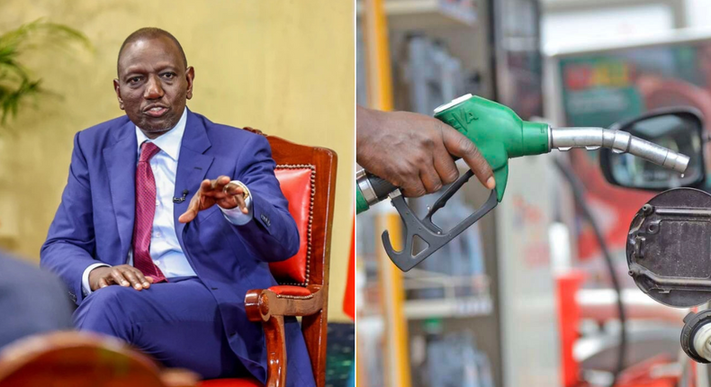 A collage of  President William Ruto and a fuel pump