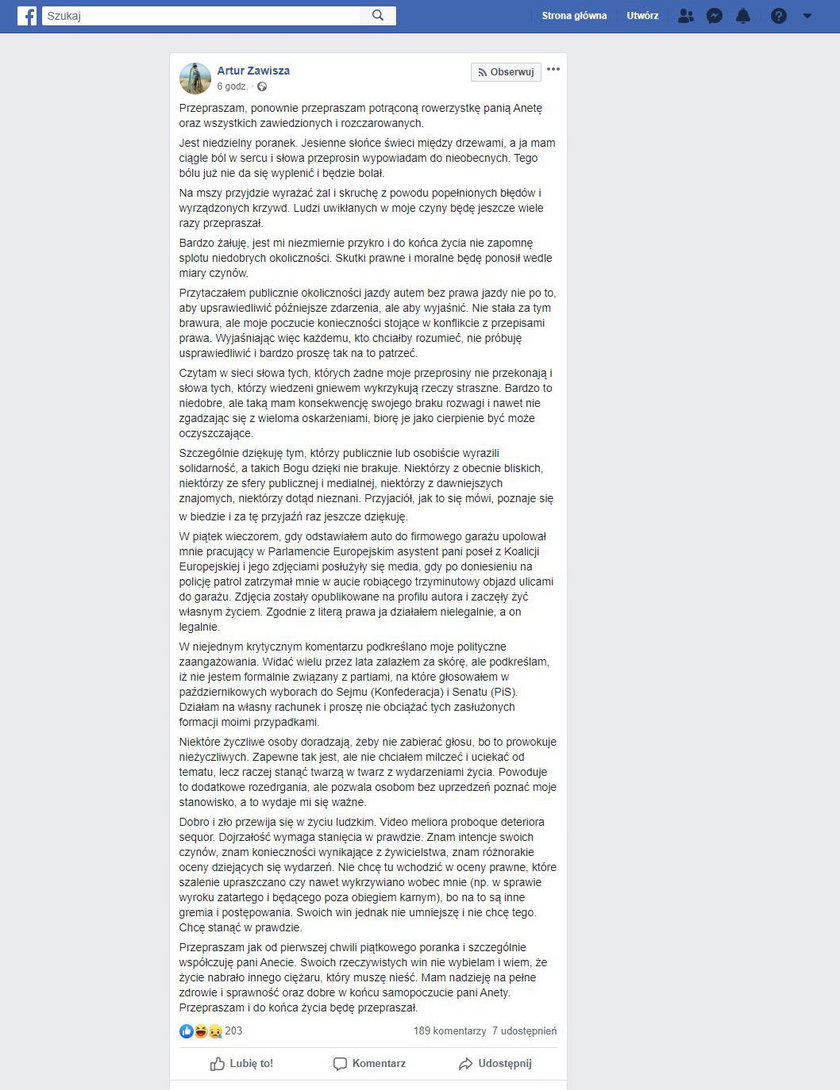 Artur Zawisza przeprosił rowerzystkę na Facebooku