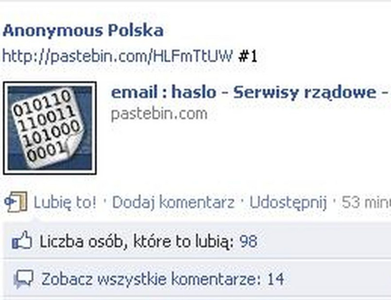 Anonymous na Facebooku ujawnia bazy danych