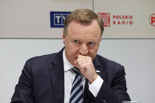 Prezes Telewizji Polskiej Jacek Kurski podczas organizowanej przez Polską Agencję Prasową konferencji prasowej pt. Ogłoszenie Nominowanych do Nagród Mediów Publicznych