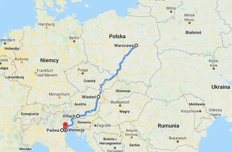 Warszawa -&gt; Wiedeń -&gt; Wenecja (ok. 1340 km)