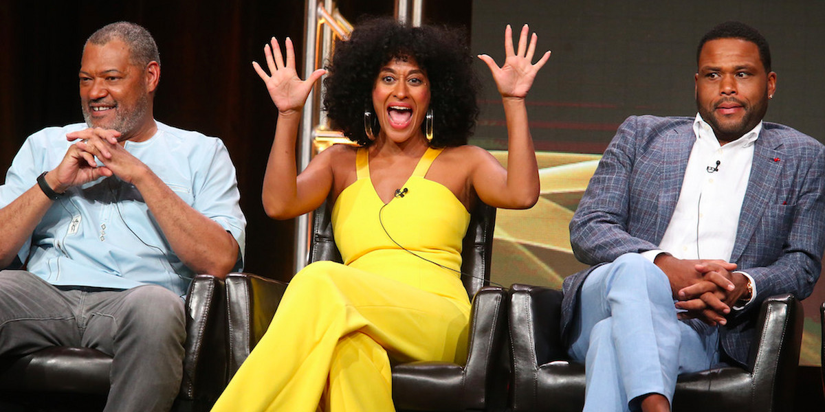 From left, "Black-ish" stars Laurence Fishburne, Tracee Ellis Ross, and Anthony Anderson at the 2016 summer TCA in Beverly Hills.