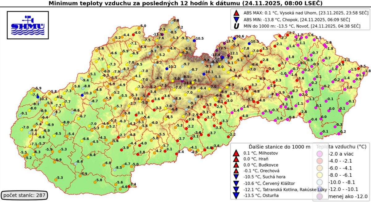 Najnižšia teplota vzduchu na Slovensku v noci z nedele na pondelok.