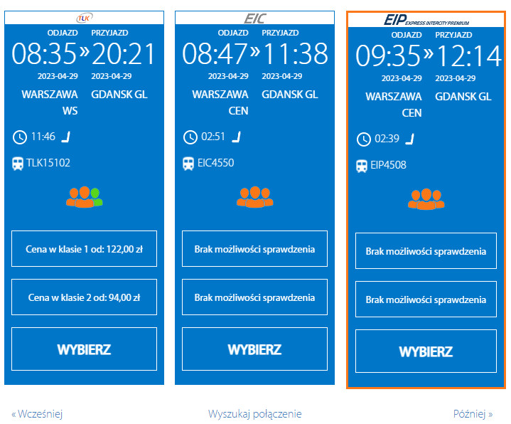 Dostępność biletów na pociągi na trasie Warszawa-Gdańsk na 29 kwietnia.