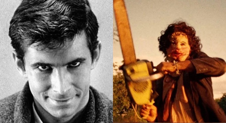 Anthony Perkins as Norman Bates in Psycho, and Gunnar Hansen as Leatherface in The Texas Chainsaw Massacre.Paramount Pictures/Bryanston Distributing Company