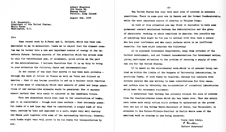 List Alberta Einsteina podyktowany przez Szilarda do prezydenta Roosevelta