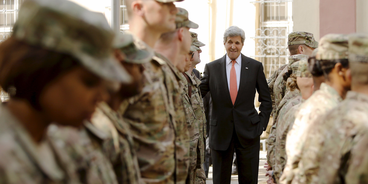 U.S. Secretary of State John Kerry meets U.S. military personnel at Resolute Support Headquarters in Kabul April 9, 2016.