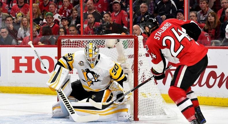 Viktor Stalberg of the Ottawa Senators takes a shot at goal guarded by Matt Murray of the Pittsburgh Penguins during the 2017 NHL Stanley Cup Playoffs in Ottawa, Canada