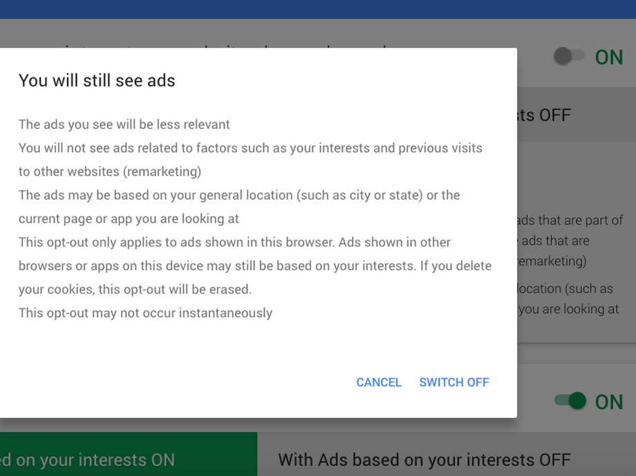Scroll down and click on "Control signed-out ads" and you can turn off "interest-based ads" at least for this browser, which stops Google from sharing this kind of stuff with advertisers. Google will warn you against it. Or you can switch to the DuckDuckGo search engine, which promises not to track you at all.