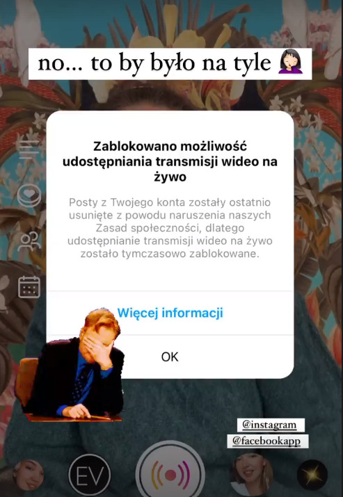 Instagram zablokował też możliwość udostępniania transmisji na żywo