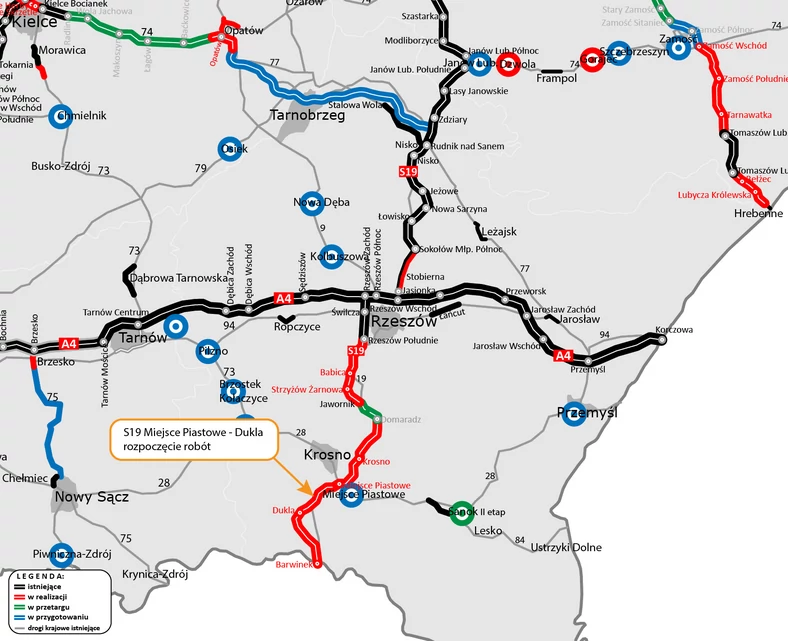 Mapa przebiegu drogi ekspresowej S19 Miejsce Piastowe — Dukla