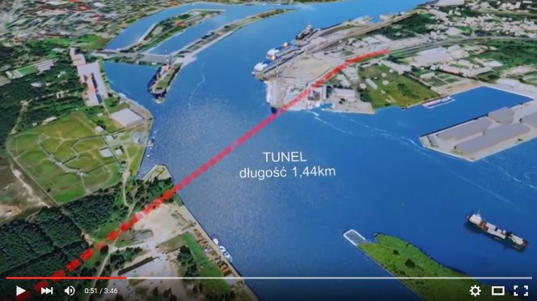 Planowany przebieg trasy podwodnego tunelu w Świnoujściu