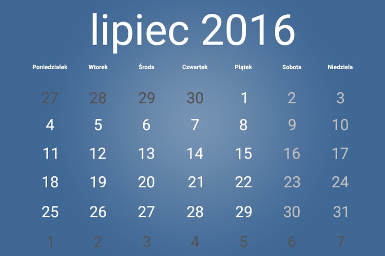 W lipcu 2016 nie przypadają żadne dni wolne od pracy.