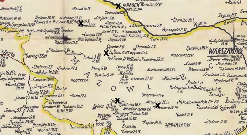 Miejsca bitew z udziałem Telesfora na Mazowszu w 1863 r (zaznaczone x)