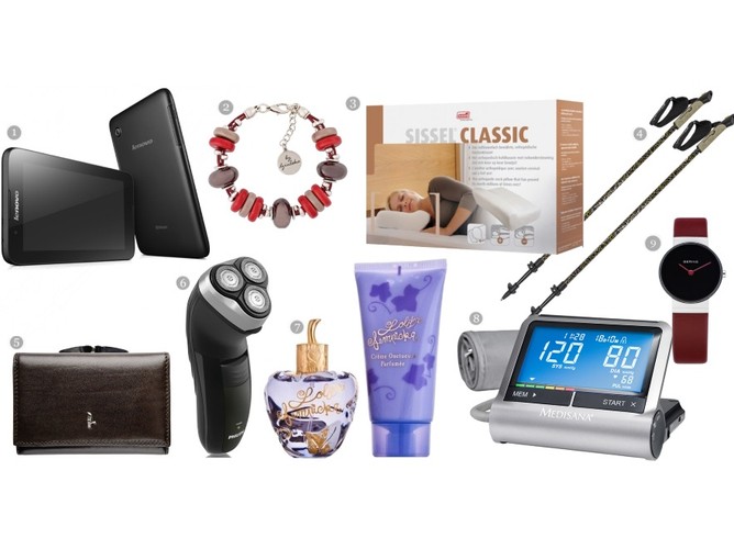 1. Tablet Lenovo A7-30 (A3300) 3G GPS, cena ok. 399zł; 2. Bransoletka by Dziubeka BC0445, cena ok. 71,20zł; 3. Poduszka ortopedyczna Sissel Classic M, cena ok. 165 zł; 4. Kijki do nordic walking Spokey Vagaboard, cena ok. 79zł; 5.Portfel damski Puccini P-1701, cena ok. 98zł; 6.Golarka męska Philips HQ 6927 Shaver, cena ok. 115,90zł; 7.Woda toaletowa 30ml + krem Lolita Lempicka, cena ok. 119 zł; 8.Ciśnieniomierz Mediasana, cena ok. 178zł; 9. Zegarek damski Bering 10126604, cena ok. 399zł.