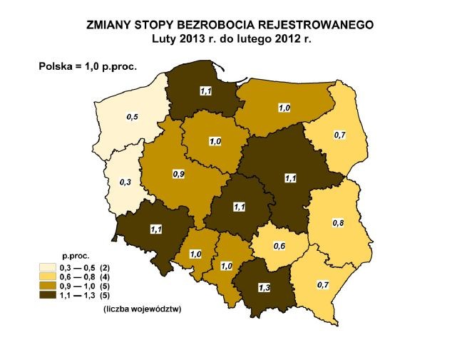 Zmiany stopy bezrobocia rejestrowanego - luty 2013 do lutego 2012, źródło: GUS