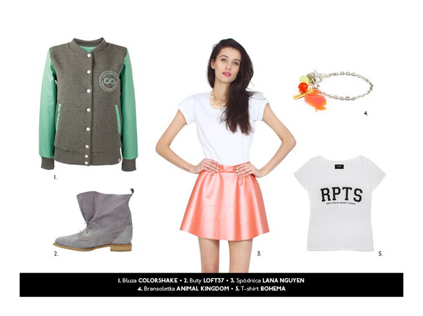 •	Bluza COLORSHAKE 299zł •	Buty LOFT37 450zł •	Spódnica LANA NGUYEN 260zł •	Bransoletka ANIMAL KINGDOM 70zł •	T-shirt BOHEMA 69zł